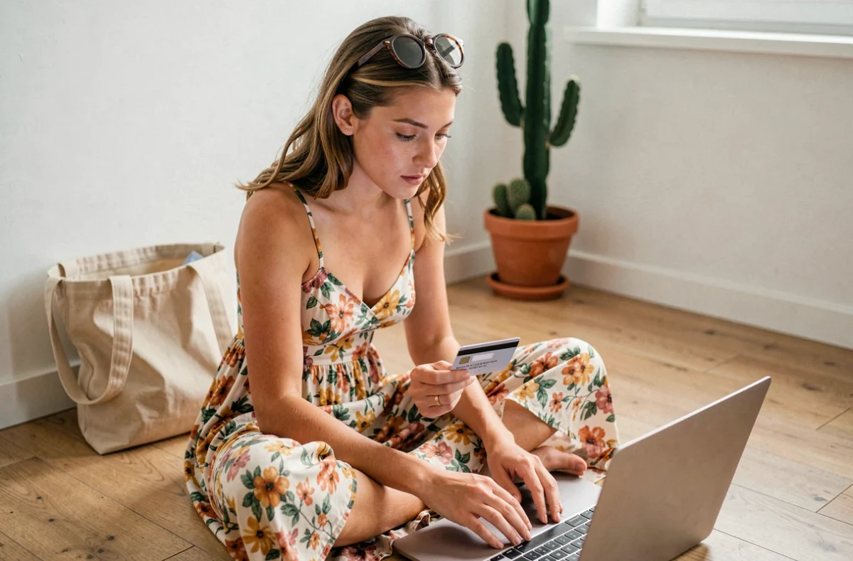 Jeune femme achetant ses billets Coachella en ligne avec sa carte bancaire sur un ordinateur portable dans un appartement moderne