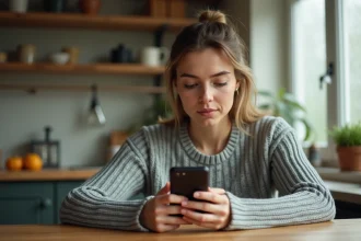 Femme activant une eSIM Saily sur son smartphone depuis sa cuisine