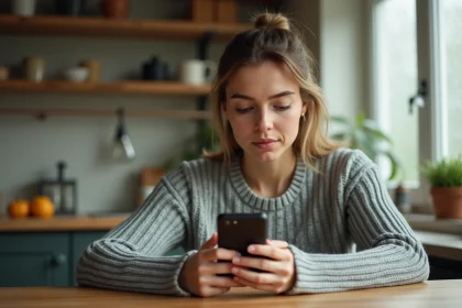 Femme activant une eSIM Saily sur son smartphone depuis sa cuisine