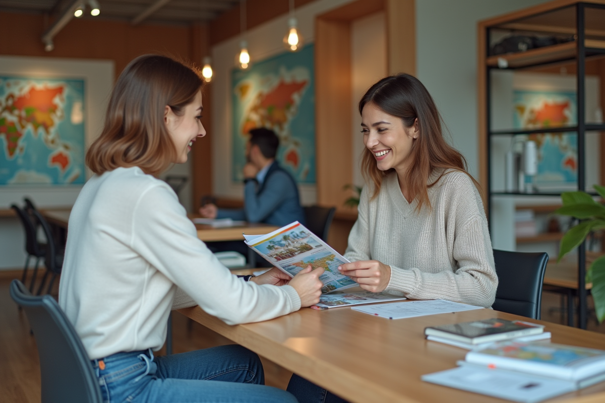 Femme souriante en agence de voyage avec agent