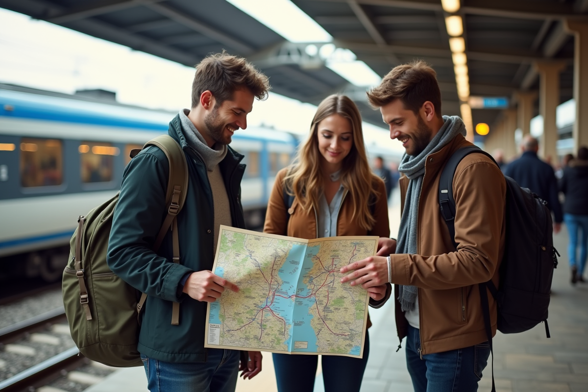 Trois amis regardant une carte de train en gare