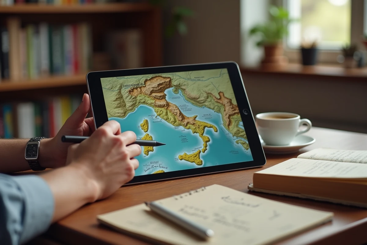 Mains annotant une carte PDF des volcans italiens sur tablette avec un carnet de voyage sur un bureau en bois