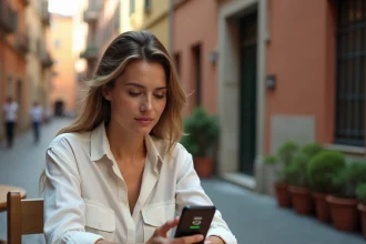 Femme dans un café romain regardant un appel entrant avec le code téléphonique +39 de l'Italie sur son smartphone