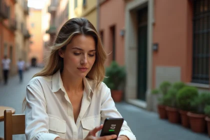 Femme dans un café romain regardant un appel entrant avec le code téléphonique +39 de l'Italie sur son smartphone