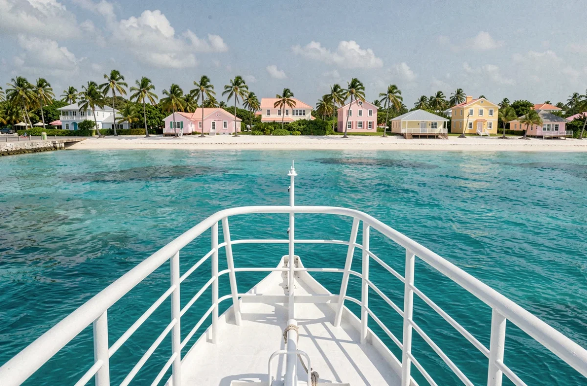 Vue depuis le pont d'un paquebot arrivant à Nassau aux Bahamas avec plage de sable blanc et maisons colorées