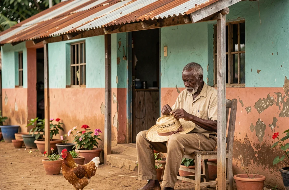 Vieil homme haïtien tressant un chapeau de paille sur le porche d'une maison traditionnelle colorée à Ganere, Haiti