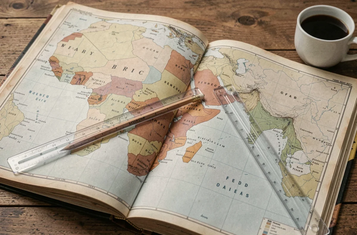Atlas géographique ouvert sur une carte de l'Afrique de l'Ouest avec le Sénégal mis en évidence sur une table en bois