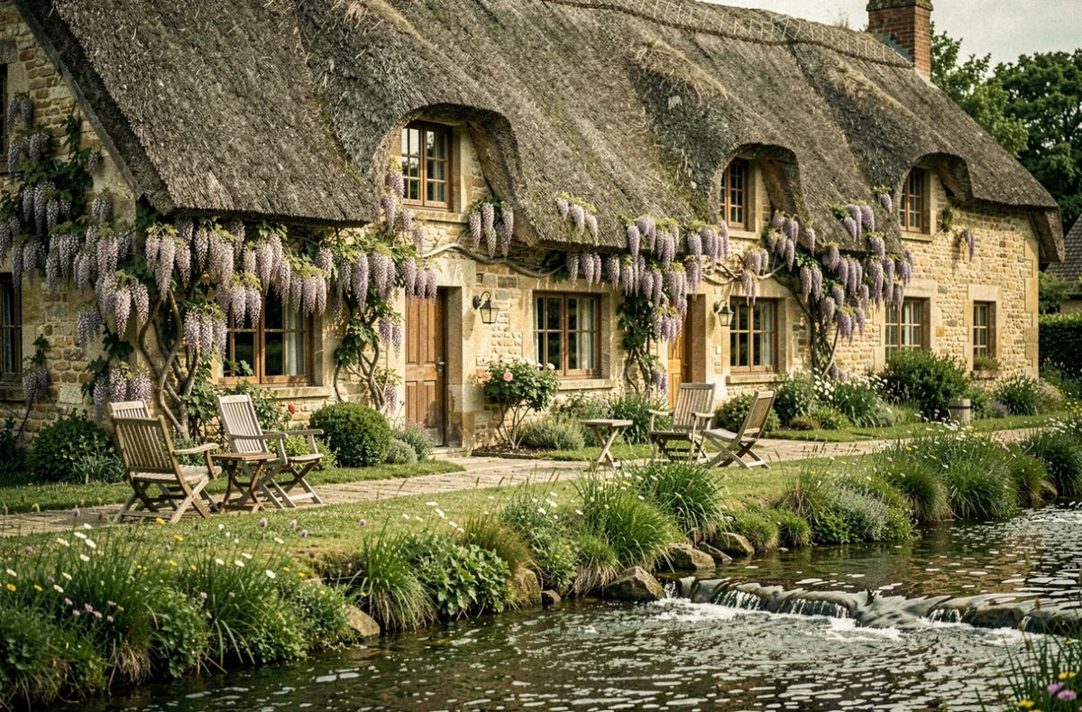 La façade en pierre au toit de chaume de L'Auberge de la Source avec son jardin verdoyant et son petit ruisseau