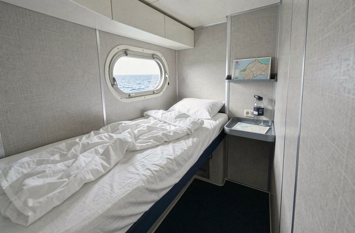 Cabine intérieure d'un ferry CTM avec couchettes superposées et hublot donnant sur la mer