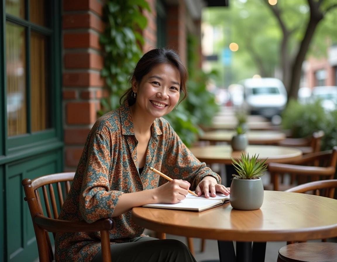 Une voyageuse prend des notes dans un café éco-responsable de Bangsar à Kuala Lumpur, illustrant un tourisme durable et conscient en Malaisie