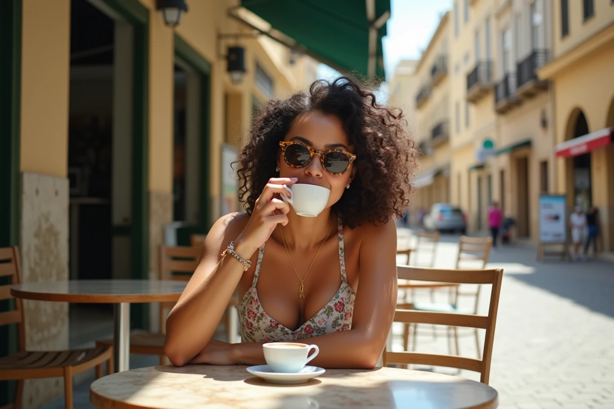 Femme savourant un café en terrasse dans le quartier de Paceville à Malte pendant la journée, ambiance méditerranéenne calme et ensoleillée