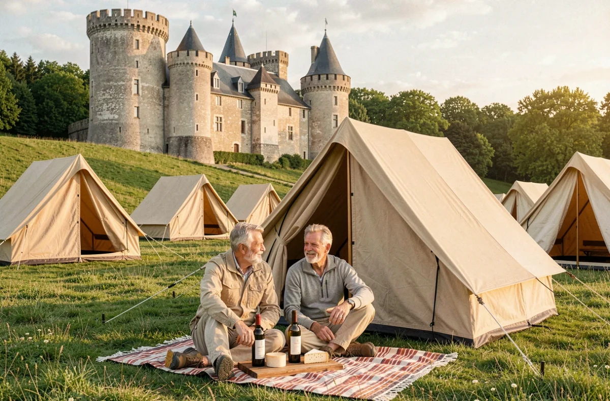 Tentes dans un pré avec les tours médiévales du château de Blandy-les-Tours en arrière-plan