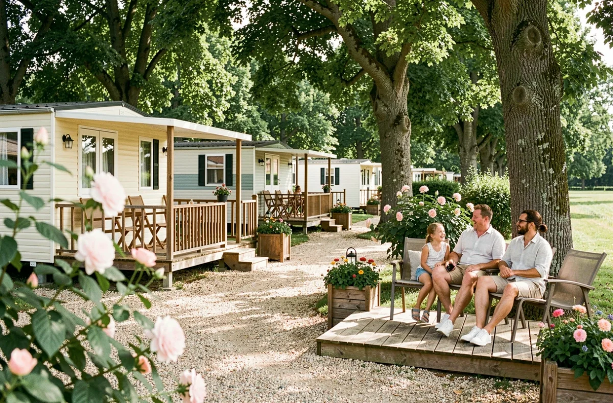 Mobil-homes avec terrasses en bois sous des chênes au camping quatre étoiles Le Chêne Gris à Pommeuse
