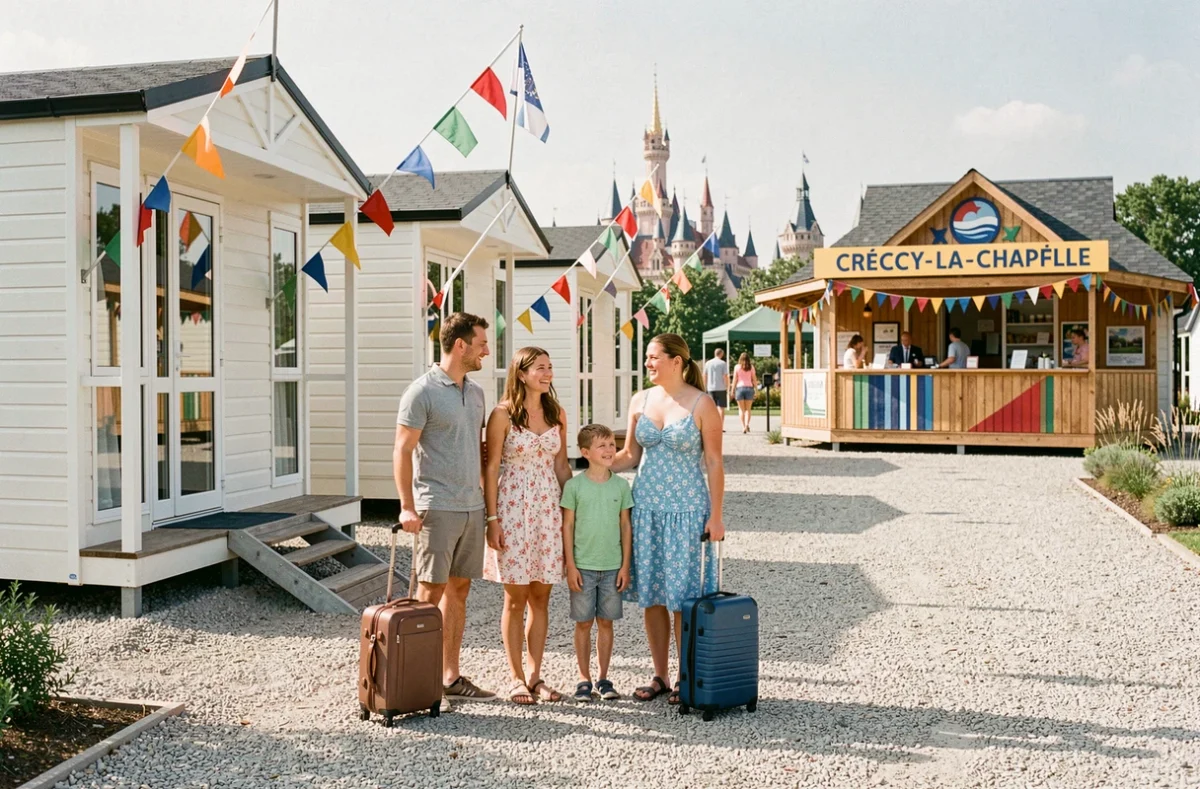 Entrée du camping Country Park Crécy-la-Chapelle avec chalets colorés aux portes de Disneyland Paris