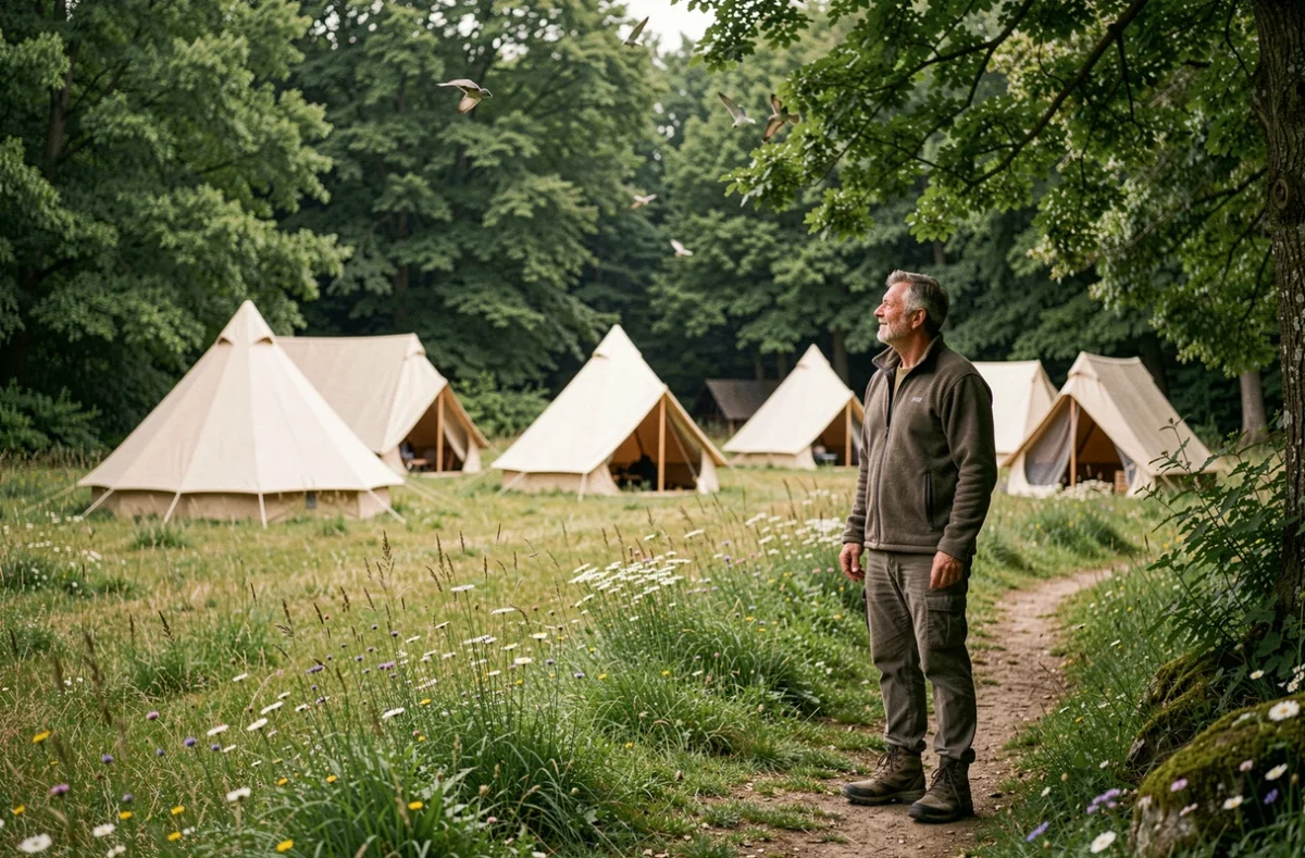 Bell tents dans un pré entouré de forêt au camping Country Park Touquin, nature et tranquillité
