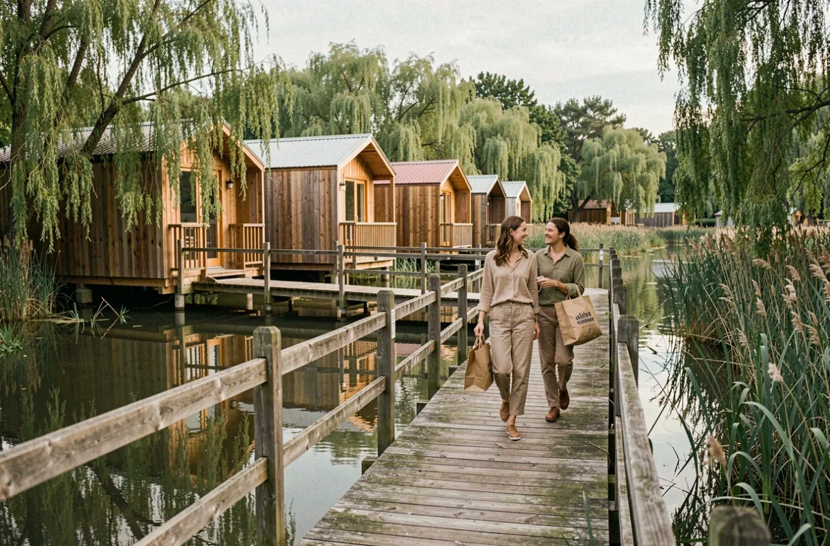 Éco-lodges sur pilotis reliés par des passerelles en bois au camping écologique Île de Boulancourt
