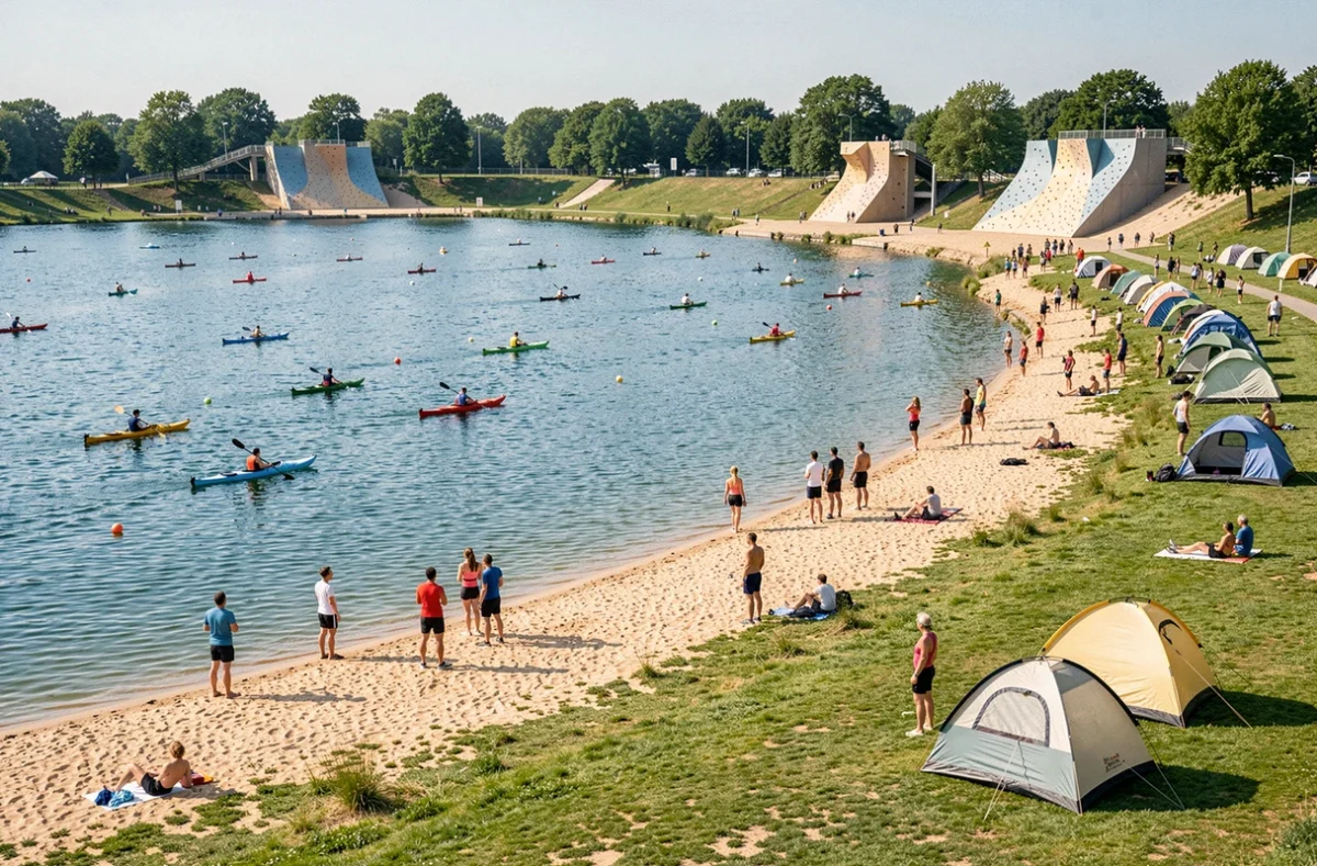 Lac de loisirs avec kayakistes et mur d'escalade à l'île de loisirs de Buthiers en Seine-et-Marne