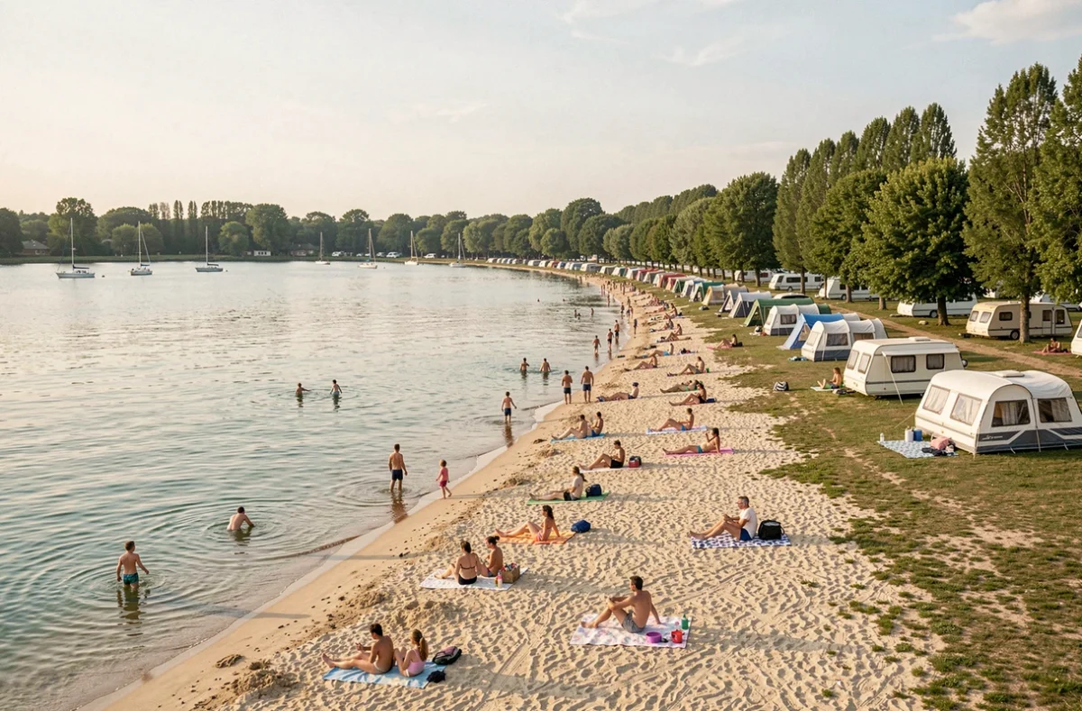 Plage de sable et lac avec voiliers au camping de Jablines-Annet en Île-de-France