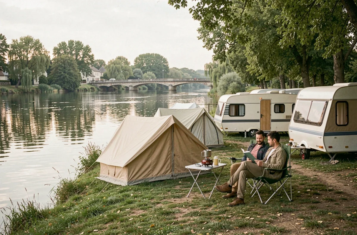 Tentes et caravanes au bord du Loing au camping trois étoiles La Rivière Dorée à Bagneaux-sur-Loing