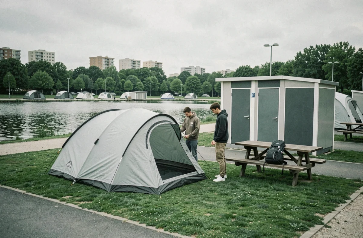 Emplacement de tente et bloc sanitaire du camping de Torcy avec base de loisirs en arrière-plan