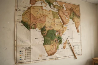 Carte physique détaillée de l'Afrique affichée sur un mur de salle de classe avec repères géographiques en français