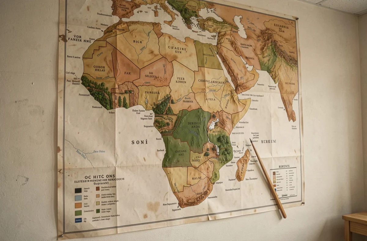 Carte physique détaillée de l'Afrique affichée sur un mur de salle de classe avec repères géographiques en français