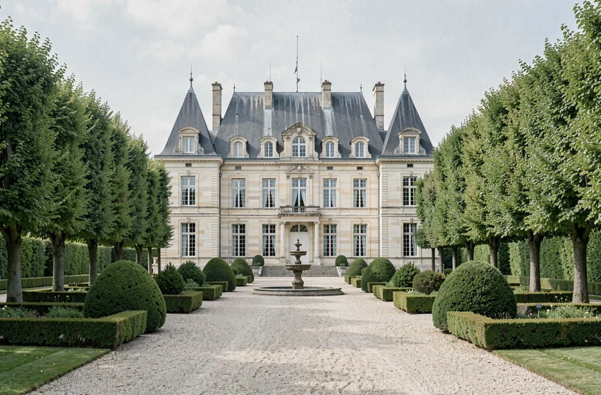 La façade symétrique en pierre calcaire du Château d'Audrieu et ses jardins à la française avec fontaine centrale