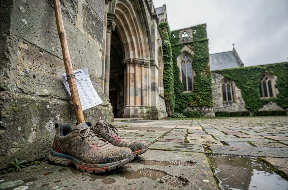 Chaussures de randonnée et bâton de pèlerin devant l'entrée de l'abbaye de Valmont après une longue étape