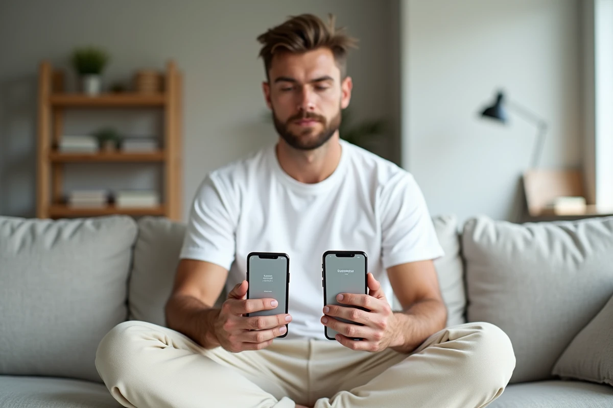 Jeune homme comparant deux téléphones pour garder son numéro habituel avec Saily