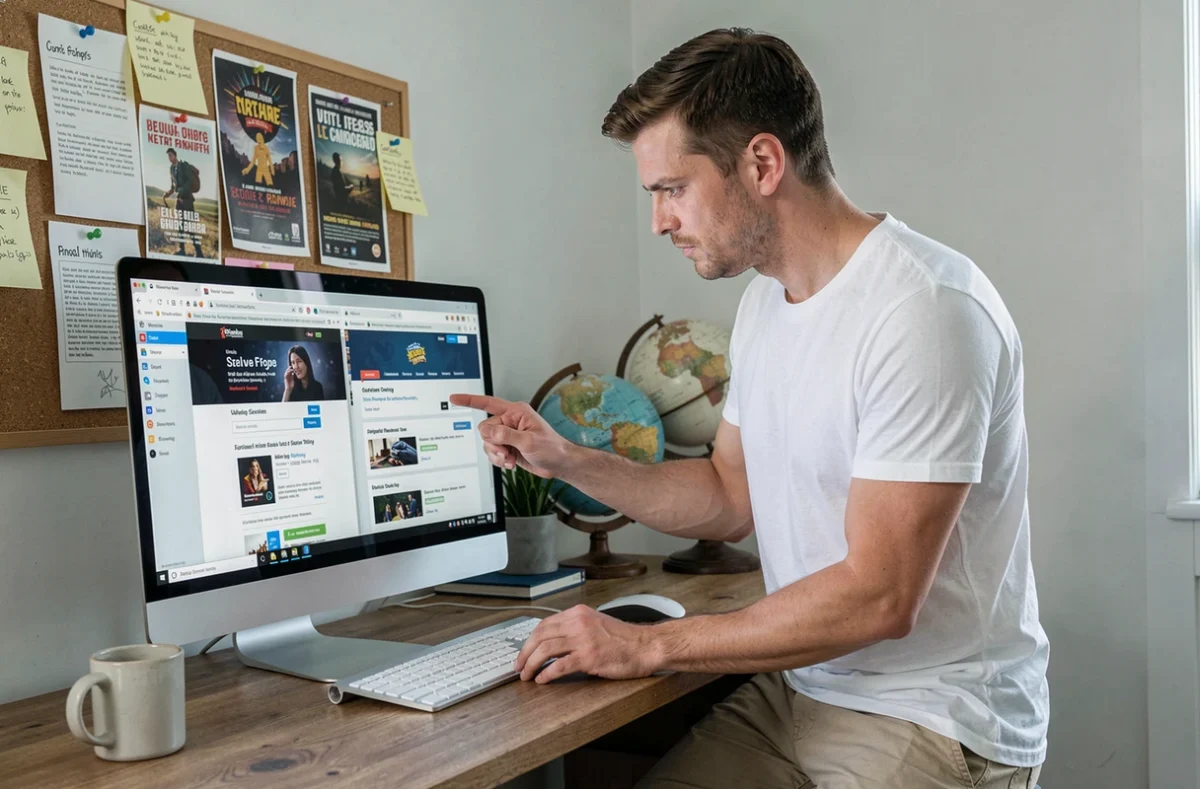 Homme comparant des sites de revente de billets Coachella pour éviter les arnaques sur son ordinateur de bureau