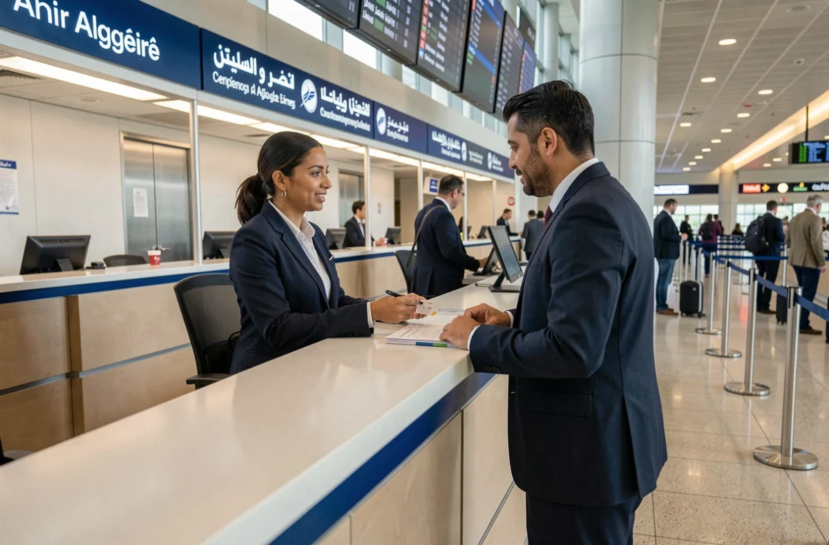 Agent Air Algérie aidant un passager à modifier sa réservation au comptoir d'enregistrement