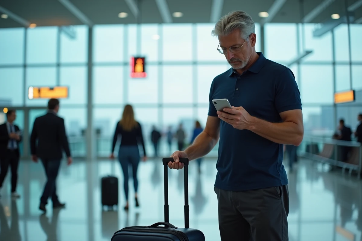 Voyageur configurant son numéro Saily avant un départ international à l'aéroport