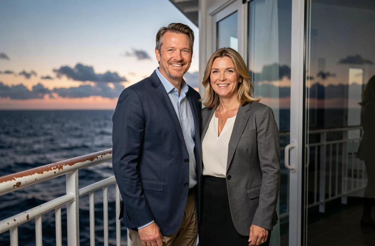 Couple sur le balcon d'une cabine de croisière Carnival au coucher du soleil en mer