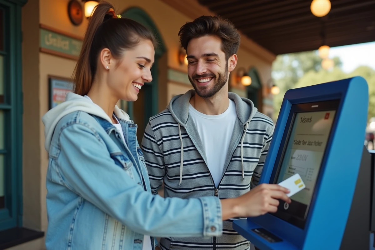 Couple utilisant une borne de distribution FastPASS dans un parc Eurodisney pour réserver un accès coupe-file