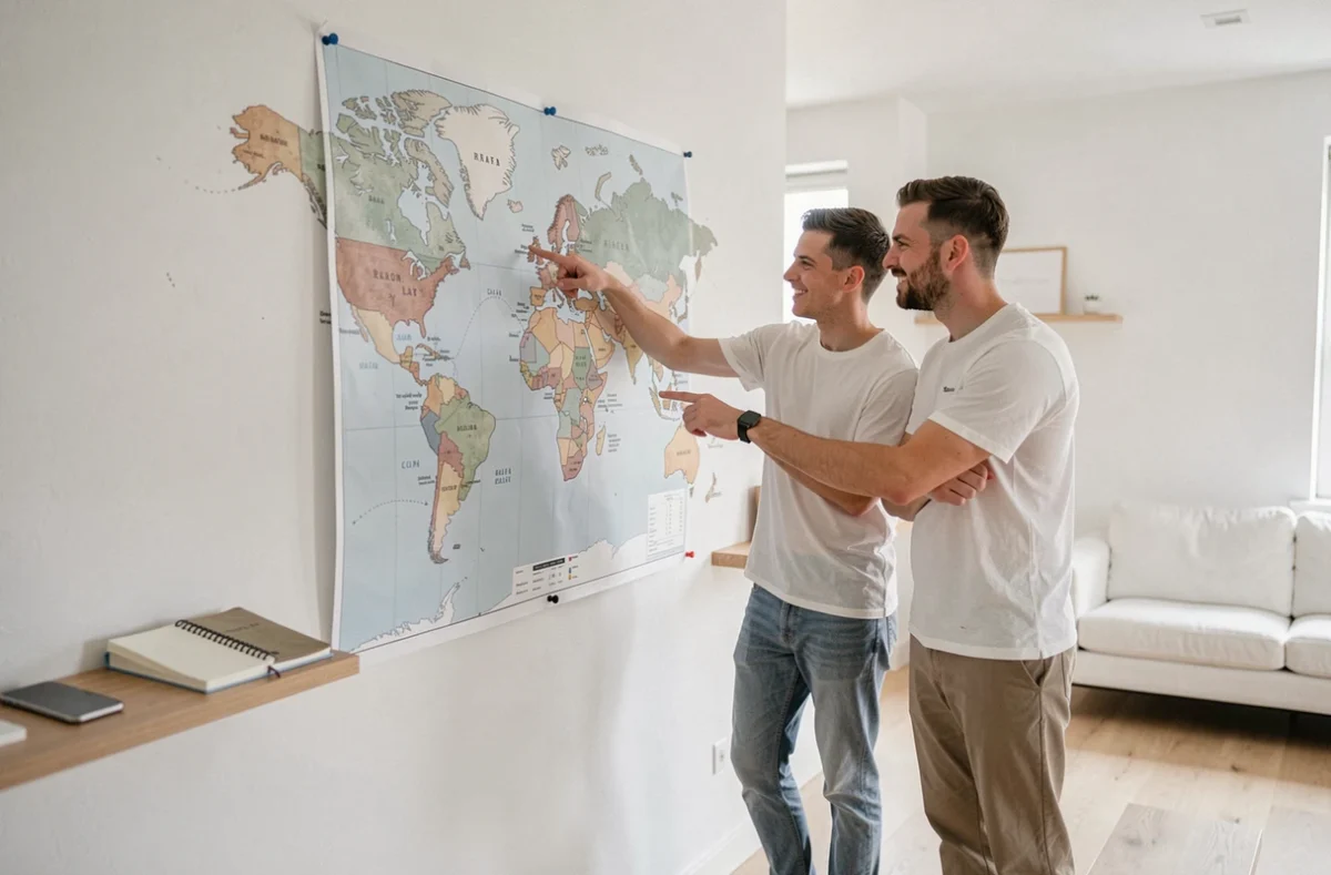 Couple choisissant une destination de vacances devant une carte du monde dans un salon moderne