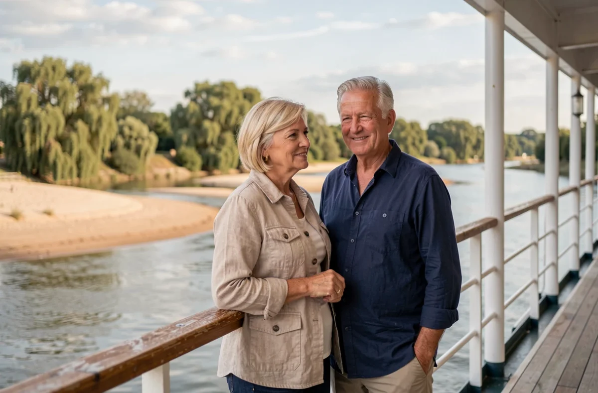 Couple profitant d'une croisière sur la Loire depuis le pont supérieur d'un bateau fluvial