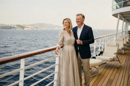 Couple élégant sur le pont avant d'un bateau de croisière tour du monde contemplant l'horizon maritime