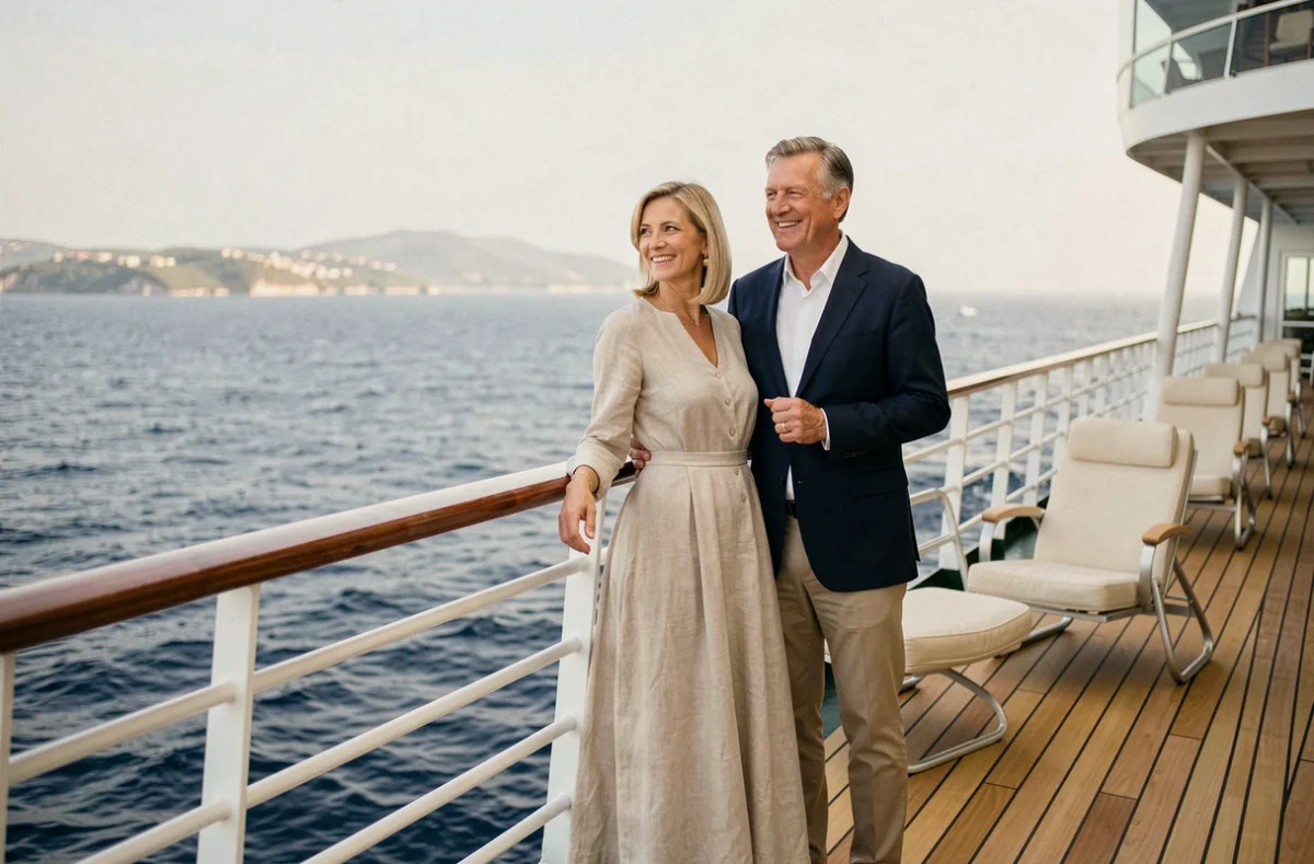Couple élégant sur le pont avant d'un bateau de croisière tour du monde contemplant l'horizon maritime