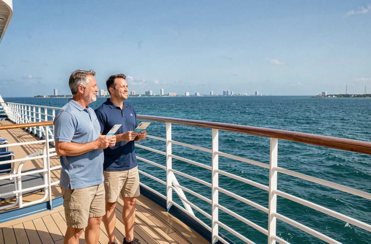 Couple sur le pont d'un bateau de croisière au départ de Miami avec les passes d'embarquement pour les Bahamas