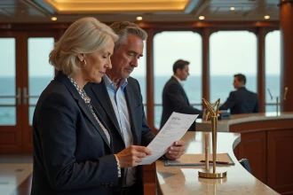 Couple de voyageurs examinant une facture à la réception d'un paquebot de croisière tour du monde