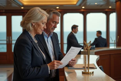 Couple de voyageurs examinant une facture à la réception d'un paquebot de croisière tour du monde