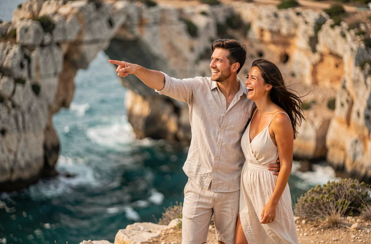 Couple de voyageurs sur les falaises de Gozo avec vue panoramique sur la mer Méditerranée