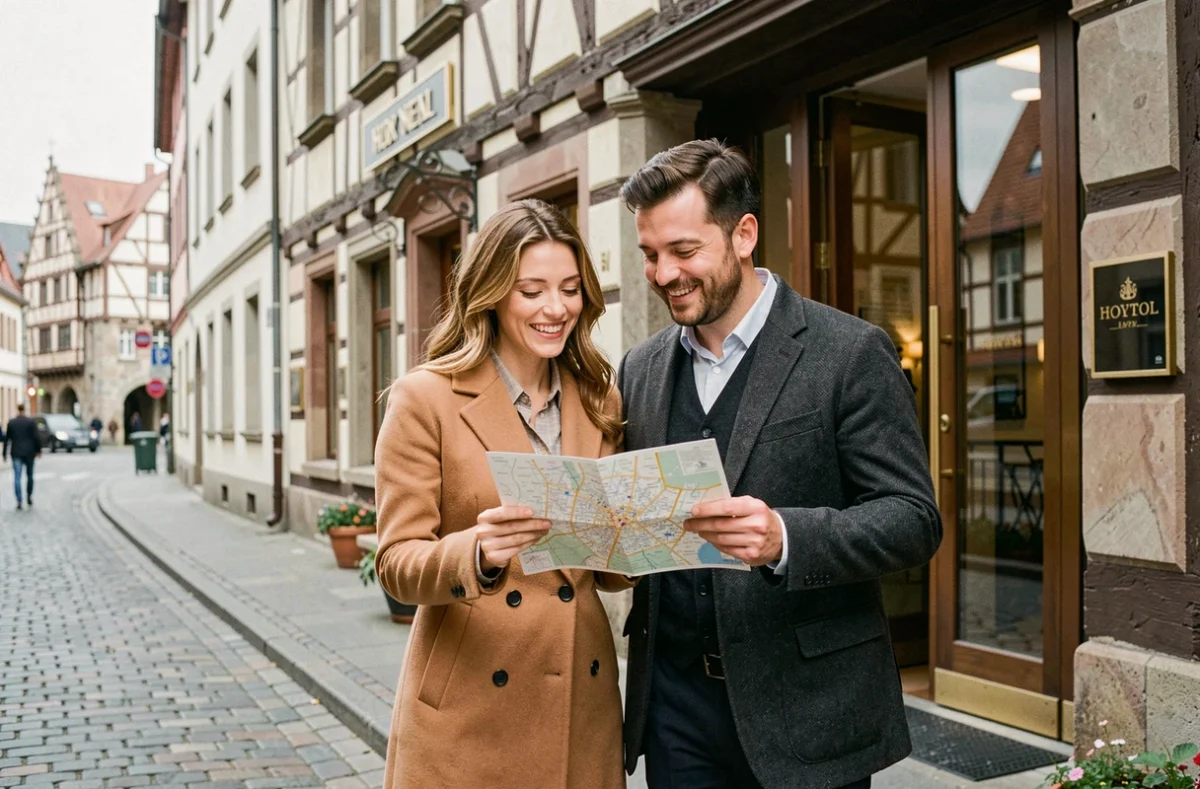 Couple élégant sortant d'un hôtel 5 étoiles en centre-ville de Strasbourg avec façade alsacienne et pavés