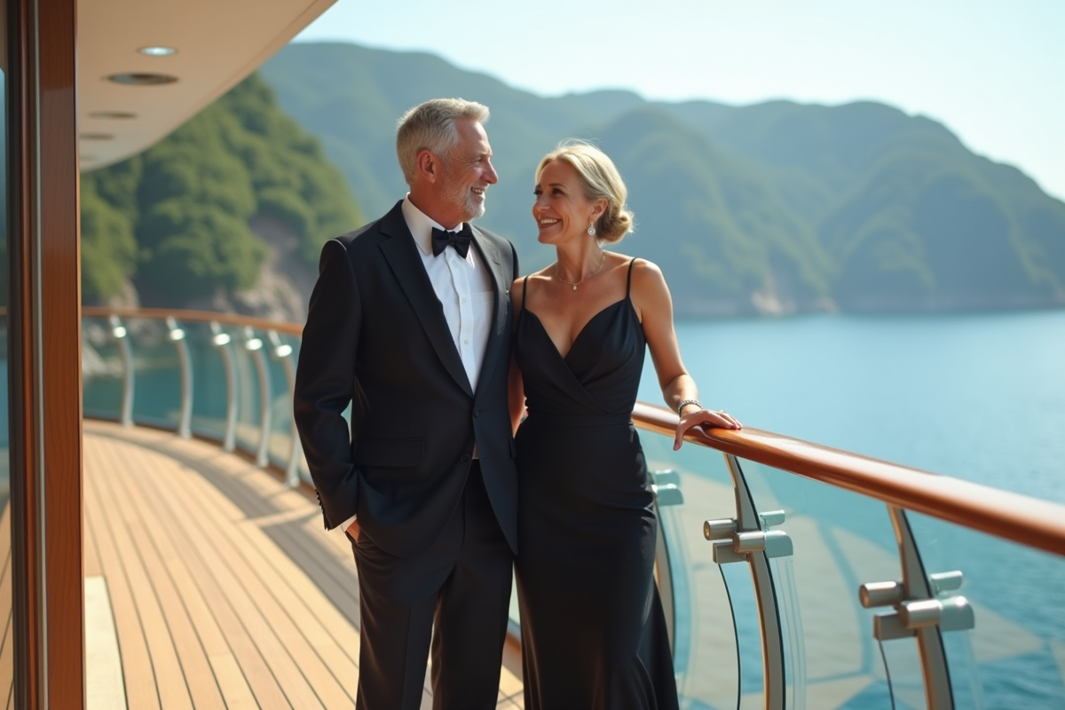 Couple d'âge élégant sur le pont d'une croisière de luxe