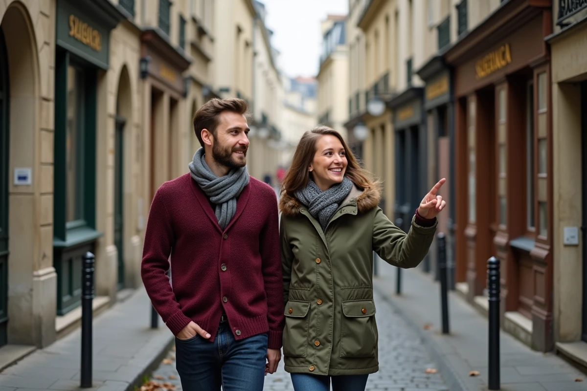 Couple se promenant dans les ruelles médiévales du Marais à Paris lors d'un itinéraire à pied