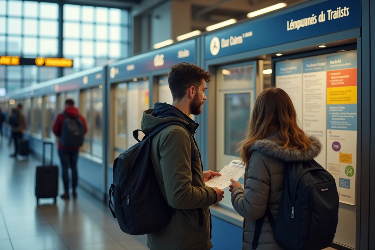 Jeune couple &agrave; la gare regardant leurs billets