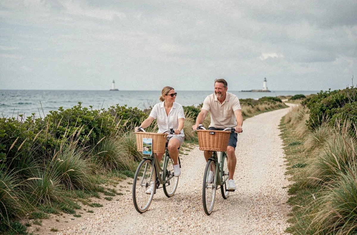 Couple à vélo sur une piste cyclable de l'île de Ré avec une carte touristique fixée au guidon et un phare en arrière-plan
