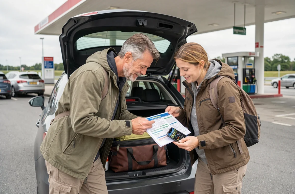 Couple vérifiant leur itinéraire ViaMichelin et leur checklist de voyage à une aire de service autoroutière