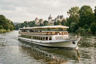 Bateau de croisière fluviale naviguant sur la Loire avec des châteaux en arrière-plan