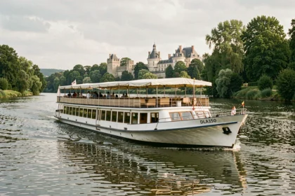 Bateau de croisière fluviale naviguant sur la Loire avec des châteaux en arrière-plan